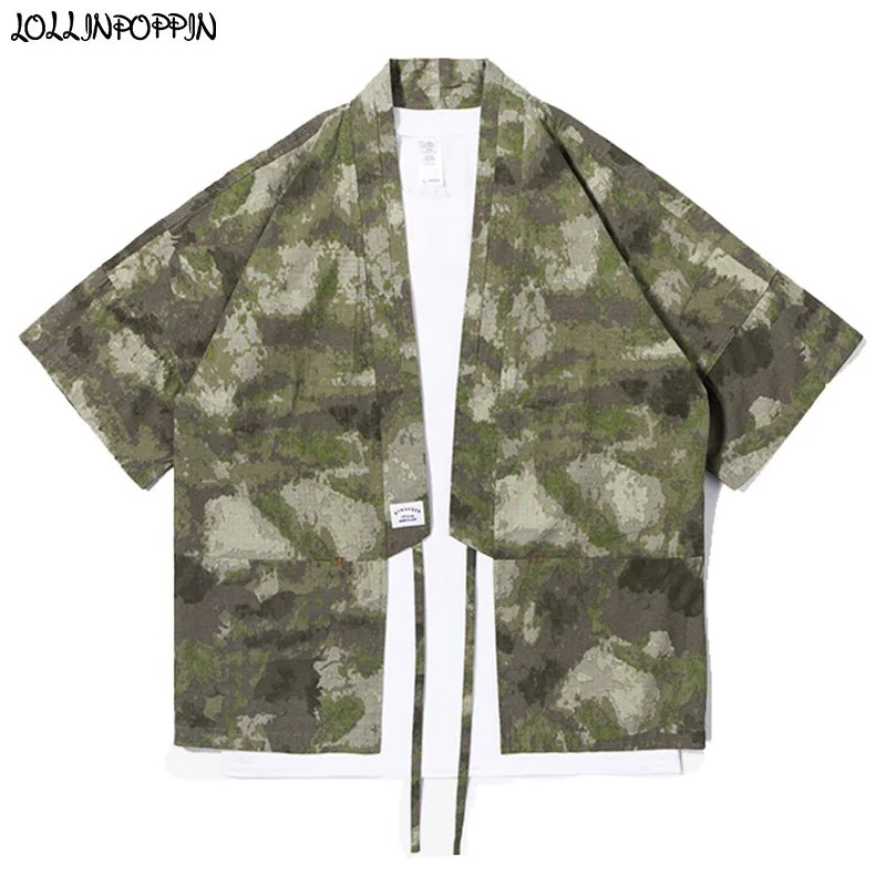 Уличная Япония стиль мужские камуфляжные кимоно кардиган Весна мужские s падение плеча Половина рукава военный камуфляж кимоно куртка