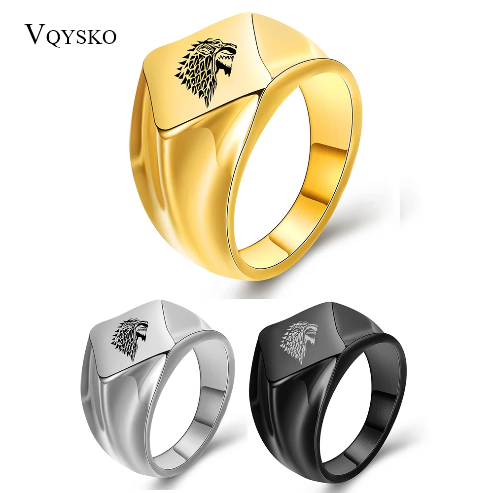 

Stainless steel Mens Ring Jewelry With Ice Wolf House Stark of Winterfell Fashion Game Of Thrones Wolf Head pattern Ring For Man
