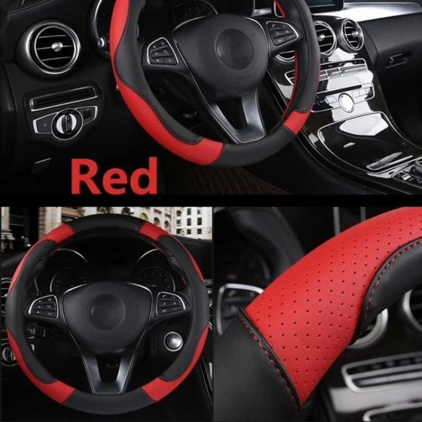 Red Спортивный стиль контрастный цвет нескользящий пот хороший дышащий PU кожзам 15 дюймов Чехол рулевого колеса автомобиля протектор - Название цвета: Red