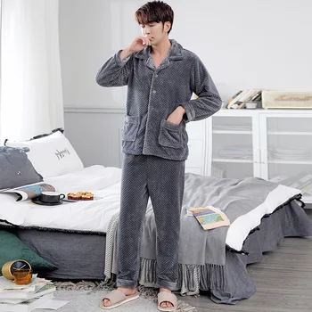 

Warm Thick Sleepwear Shirt&Pant Home Wear Nightwear Winter New Coral Fleece Pijamas Suit Men Flannel Pajamas Set PLUS SIZE XXXL