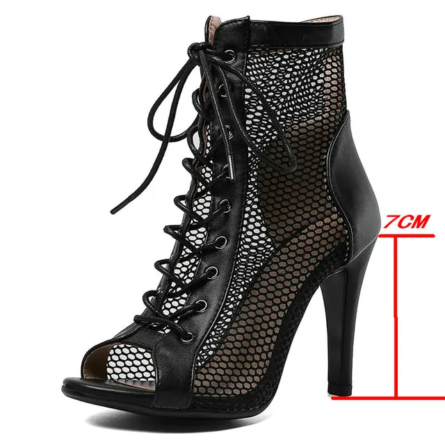 New Women's Sandals 2021 High Quality Air Mesh Sexy High Heels Open Toe Gladiator Sandal Black Summer Dancing Shoes Plus Size 47 Black-7cm