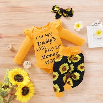 

Autumn Baby Girl Clothes Set 3pcs Newborn Ruffle Solid Romper Bodysuit+Floral Pants+Headband Outfits kit roupa bebe Cute Set D30