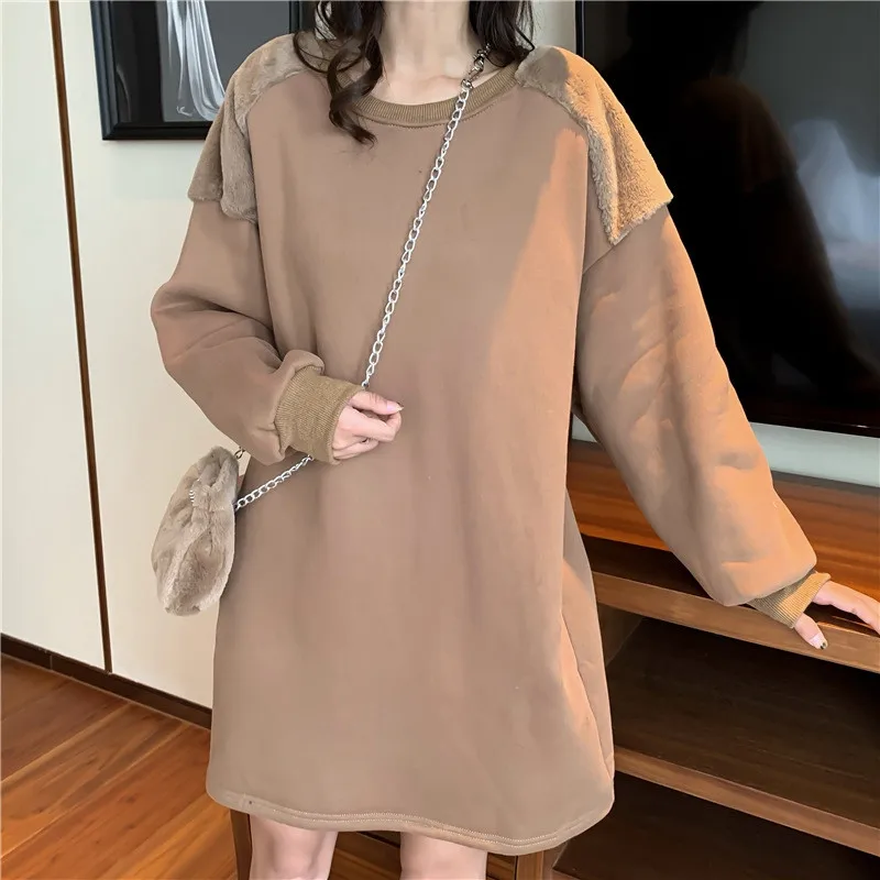 Coffee Sweatshirt RICININA, длинный женский свитер, большой размер, шерсть, круглый ворот, Одноцветный, женские толстовки с длинным рукавом, Повседневный пуловер для женщин, весна - Цвет: Coffee Sweatshirt
