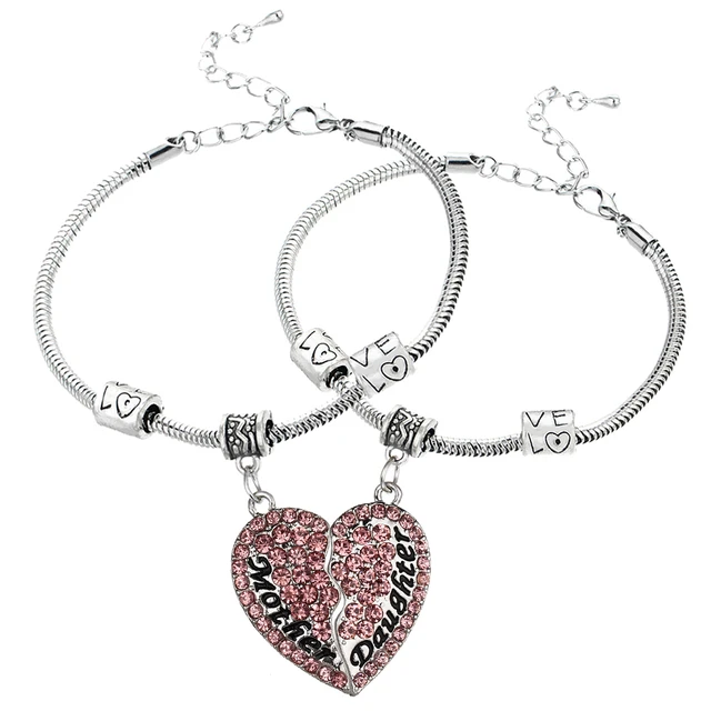 2pcs/set Bracelets Family Jewelry Carving Love Beads Metal Daughter Bracelet  Women Broken Heart Chain Bracelets Mother Gifts - AliExpress