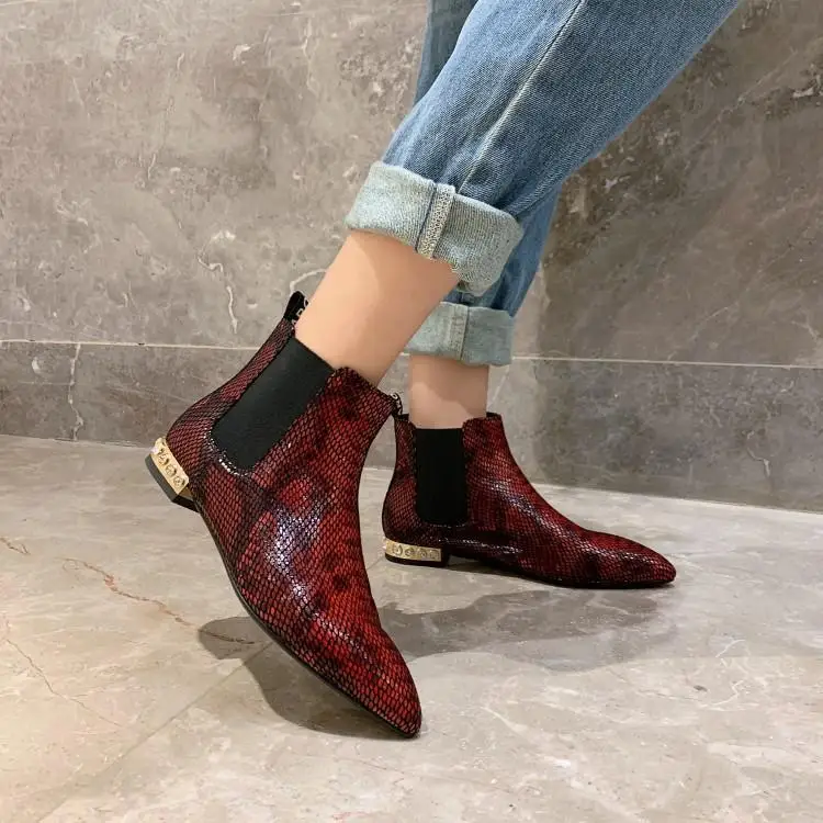 

Chelsea Boots Women Burgundy Grey Snake Leather Winter Shoes Woman Slip On Crystal Chunky Heels Zapatos De Mujer Runway Botas