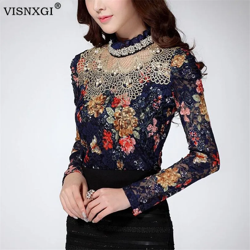 

VISNXGI Femininas Blusas Women Blouses Spring Autumn Fashion Shirt Tops Lace Pearl Long Sleeve O-Neck Leisure Black Hollow S-5XL
