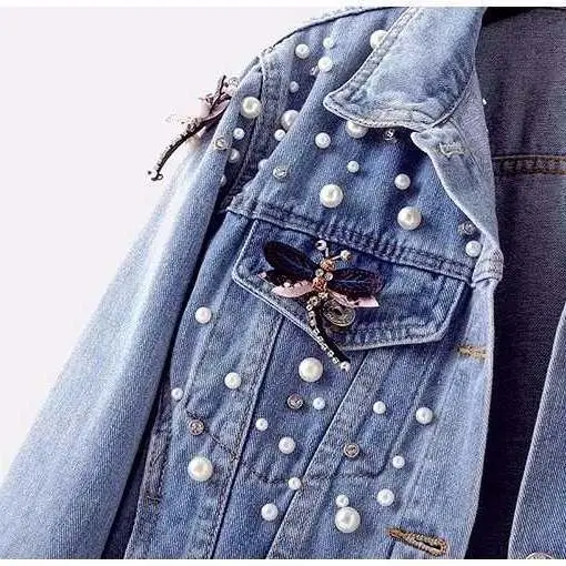 Autumn Denim Coat Women Turn-down Collar Single Breasted Plus Size Slim Coats Fashion Beading Vintage Jeans Jacket Female