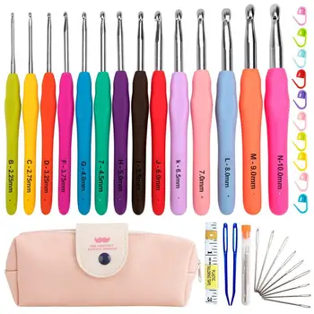 

14pcs Aluminum Crochet Set TPR Soft Easy to Use Smooth Touch Easy Operate Handles Knitting Needles Kit DIY Sewing Tool
