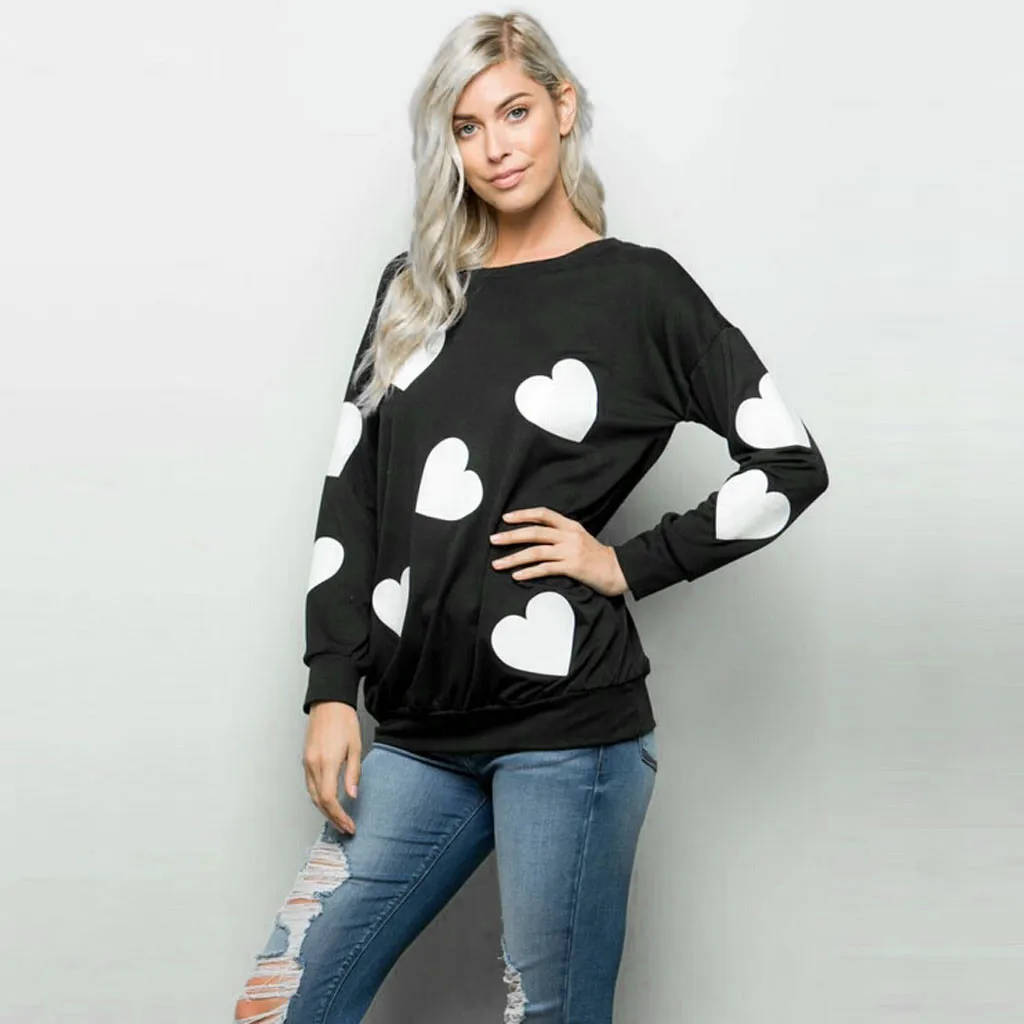 Roupas Femininas, Женская свободная футболка с длинным рукавом и принтом в виде сердца, женская футболка с круглым вырезом, топы, футболка с круглым вырезом, футболки-валентинки, толстовка
