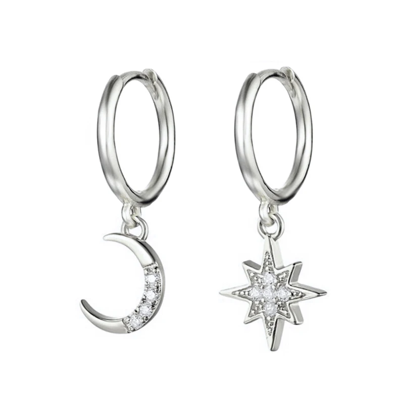 Pendientes plata 925 Moon Star Dangle Earrings 925 Sterling Silver Enamel Drop Earring For Women Girls Korean Fashion Jewerly