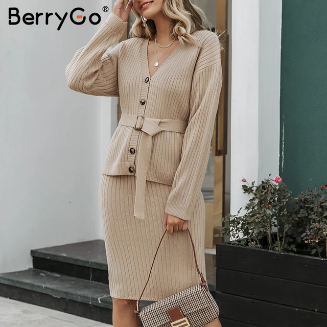BerryGo Two-piece women knitted dress set Elegant autumn winter sweater dress suits Long sleeve button sashes pure skirt suit