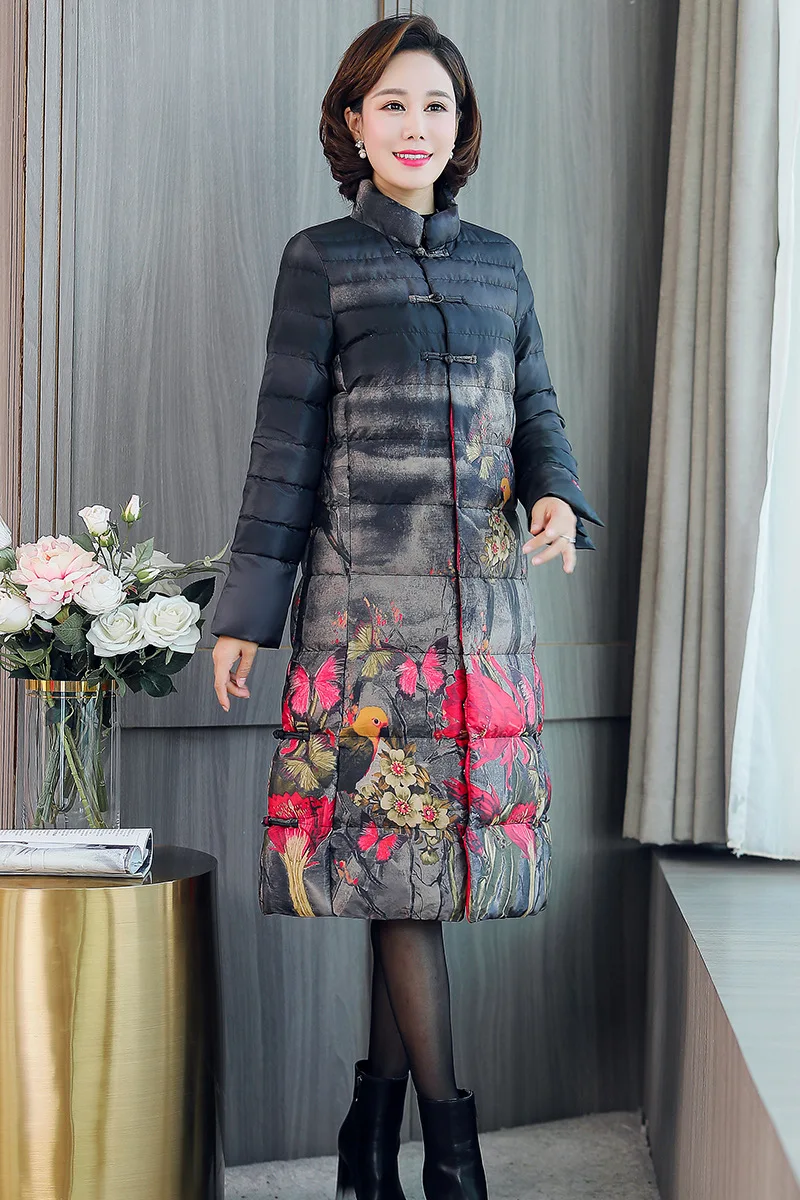 

Large Size Middle-aged Women Dress Stand Collar Slim Fit Printed Thick down Jacket Cotton-padded Clothes Women's Mid-length Wint