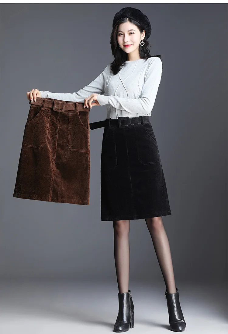 Lxunyi Women Corduroy Skirt Autumn Winter Office Ladies Formal Work Pencil Skirts with Belt Vintage Cotton Skirt Large Size