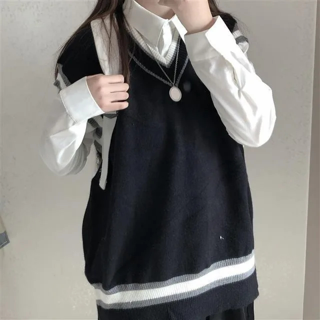 Women Sweater Vest Patchwork Design Retro Streetwear Japanese Style Spring New Ulzzang V-neck Leisure Fashion Tops All Match Ins 3