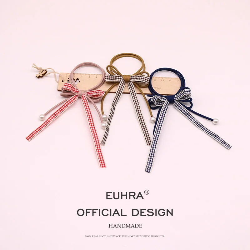 EUHRA, 6 цветов, клетчатая лента, жемчуг, мода для девушек, стримеры для волос, трикотажные резинки для волос, конский хвост, головной убор, женские аксессуары для волос