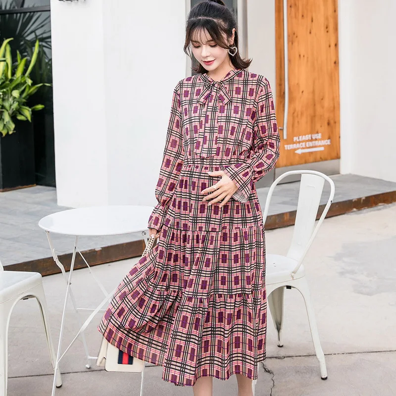 

Maternity Clothes Autumn Clothing 2019 New Style Fashion Bow Lace-up Printed Chiffon Maxi Dress Loose-Fit Pregnant Women Dress F