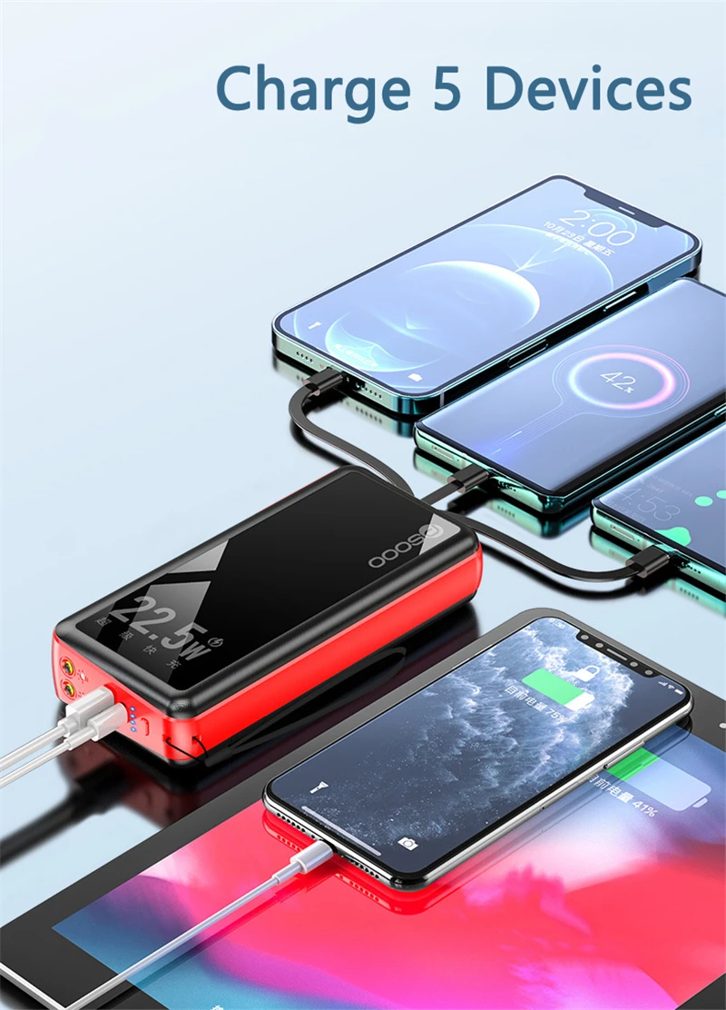 power bank battery 30000mAh Power Bank Built in Cable AC Plug 22.5W Fast Charging Powerbank for iPhone 13 12 11 Samsung Xiaomi Poverbank with Light power bank 10000mah