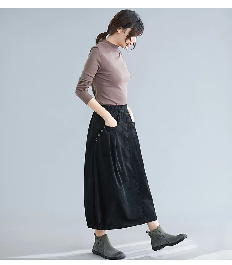 Female Winter Bud Long Corduroy Skirts Women Elegant High Waist Vintage Midi Skirt Pocket Black,Coffee,Apricot