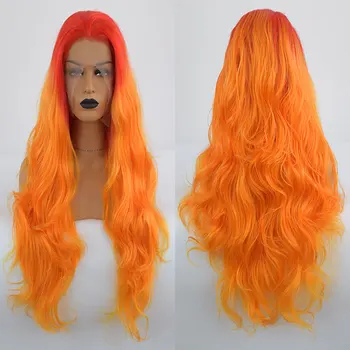 

Bombshell Red Ombre Orange Yellow Synthetic Hair Lace Front Wig Body Wave Heat Resistant Fiber Hair Middle Parting For Women Wig