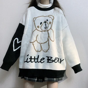 

New Cute Bear Sweater Female 2020 Autumn Sweater Women Harajuku Cartoon Sweater Cotton Loose Round Neck Long Sleeve Sweater