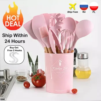 9/10/12 шт силиконовые кухонные принадлежности набор антипригарный шпатель лопата деревянная ручка набор кухонных инструментов с ящиком для ...