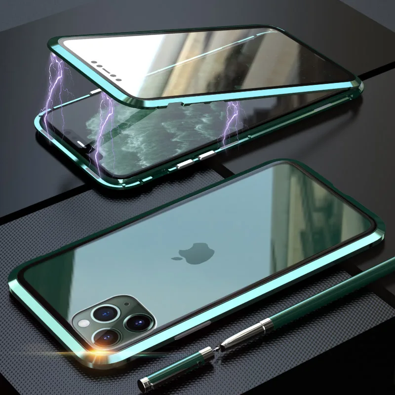 Чехол с двойным закаленным стеклом для iPhone 11 Pro Max 2019 металлический корпус