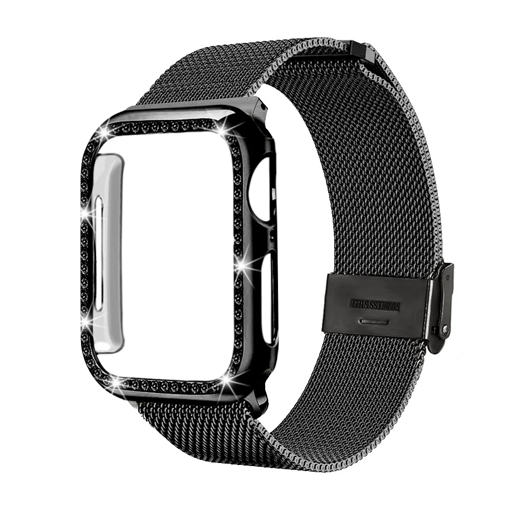 Миланская петля ремешок+ чехол с магнитной пряжкой для Apple watch 42 мм 38 мм 40 мм 44 мм браслет ремешок подходит для iwatch серии 5 4 3 2 1 - Цвет ремешка: Black