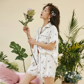 

Floral Printing Women 2PCS Sleepwear Nightwear Stain Pajamas Set Silky Pyjamas Suit Short Sleeve Turn-down Collar Home Clothes