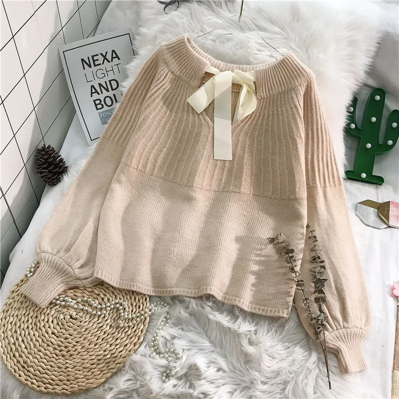 sweet elegant women sweater autumn new solid lantern sleeved knitted lady female pullovers outwear tops - Цвет: khaki
