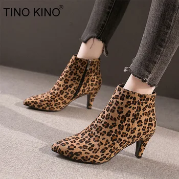 

Women Zip Pointed Toe Ankle Boots Ladies Flock Fashion Leopard Short Boots Female Short Plush Spike High Heels Casual Shoes