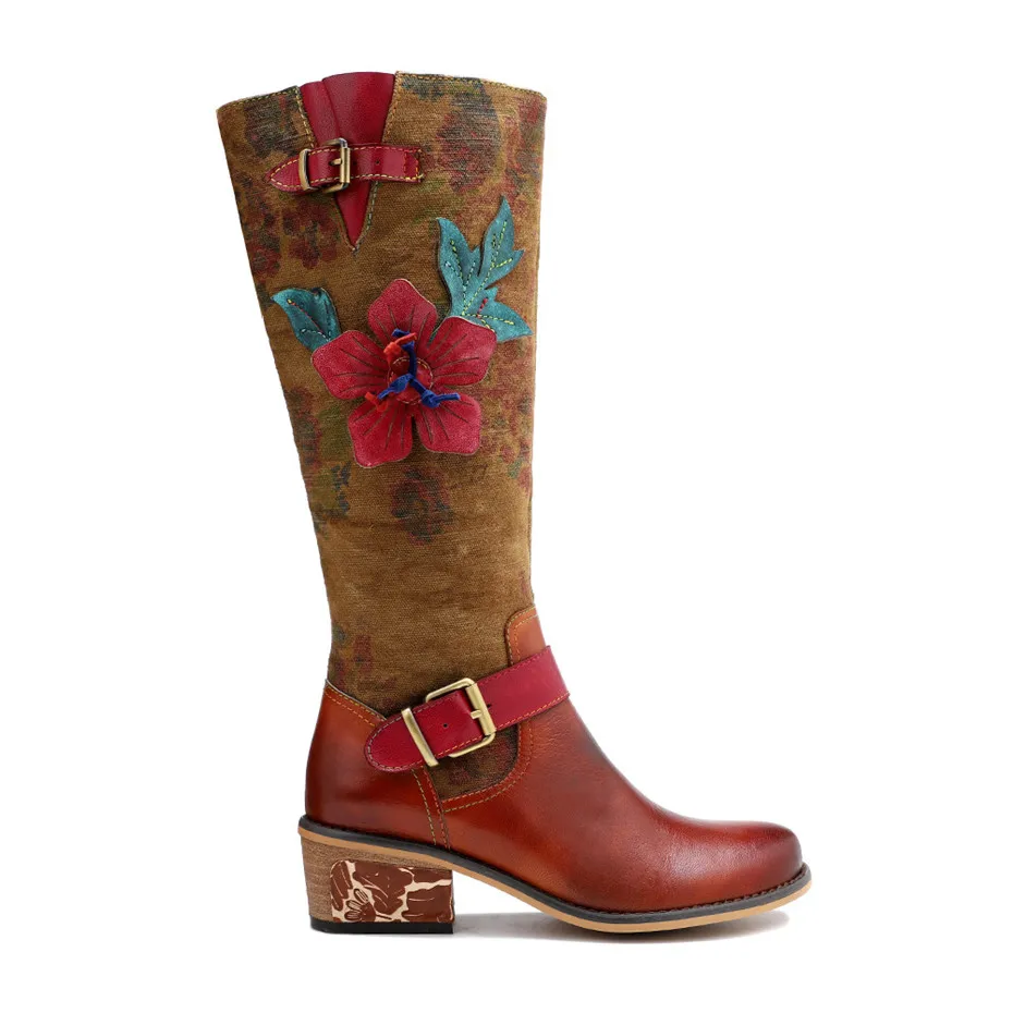 2020 Autumn Winter New Women's Knee High Riding Boots Ethnic Genuine Leather High Heels Female Western Boots Footwear Handmade (2)