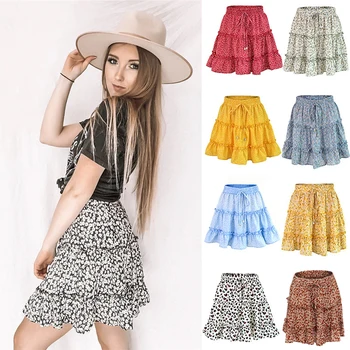 

Women Beach Floral Skirt Ladies Dot Summer Above Knee High Waist Lace Up Casual Fashion Frills Short Mini Skirts