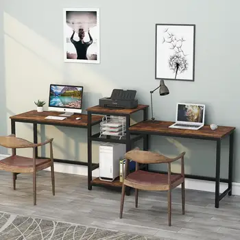 

Tribesigns 96.9" Double Computer Desk with Printer Shelf, Extra Long Two Person Desk Workstation with Storage Shelves