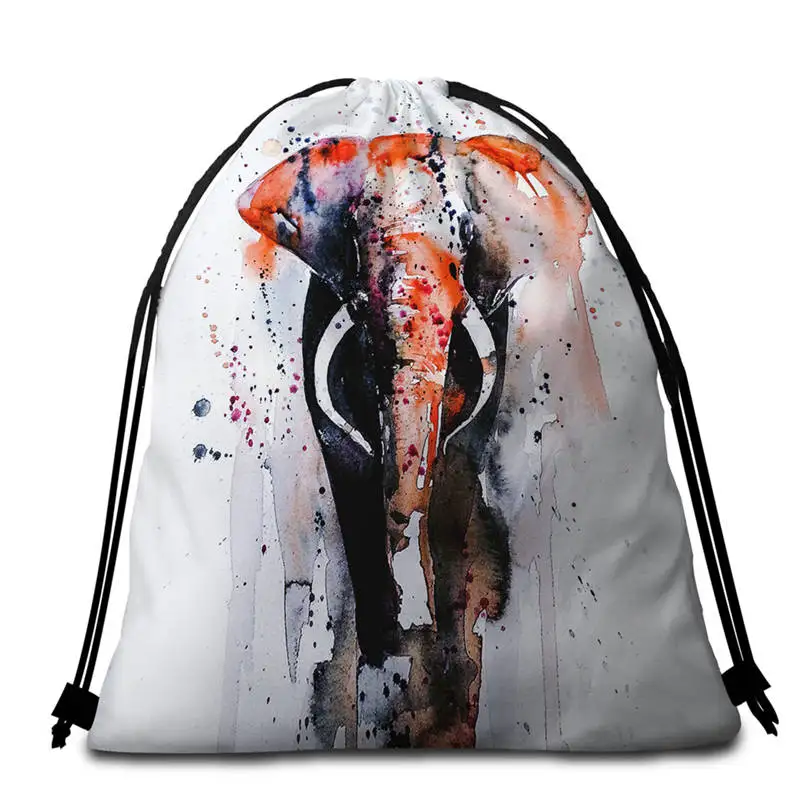 DoubleSide Print Bag BeddingOutlet слон пляжное полотенце с кулиской рюкзак сумка Акварель Искусство Круглый Полотенце гобелен с животными белый Toalla Прямая поставка - Цвет: DoubleSide Print Bag
