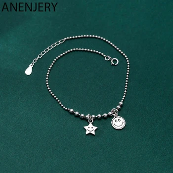 

ANENJERY Star Smiling Face Pendant Anklet Bracelet 925 Sterling Silver Round Bead Chain Bracelet For Women Jewelry S-B369