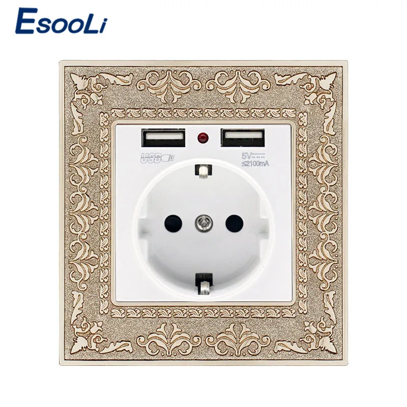 USB Gold Socket Esooli Высококачественная ретро-панель из цинкового сплава 16A белая стандартная электрическая розетка европейского стандарта с двумя usb-портами для зарядки настенная розетка - Тип: USB Gold Socket