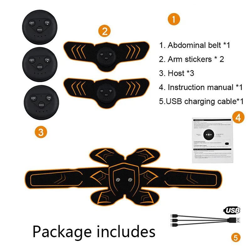 Вибрационный фитнес-массажер перезаряжаемый стимулятор мышц живота тонера Электростимуляция тренировочный аппарат EMS упражнений - Цвет: whole set