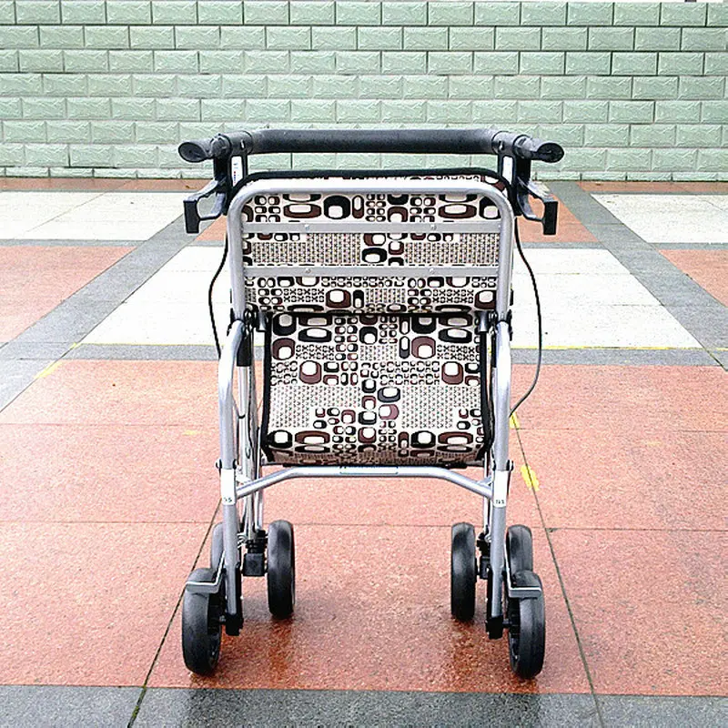 Four Wheel Seniors Roller Walker With Seat & Brake, Lightweight Foldable Elderly Wheelchair, Portable The Aged Stroller