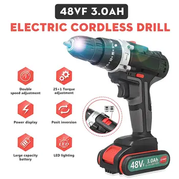 

25+1 Torque 48VF Cordless Electric Impact Drill Li-ion Battery Screwdriver LED Working Light DIY Home Hand Flat Drill Power Tool