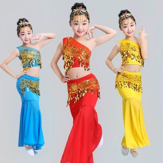 Disfraz de danza del vientre para niña y mujer, traje Oriental con  lentejuelas, falda con cola