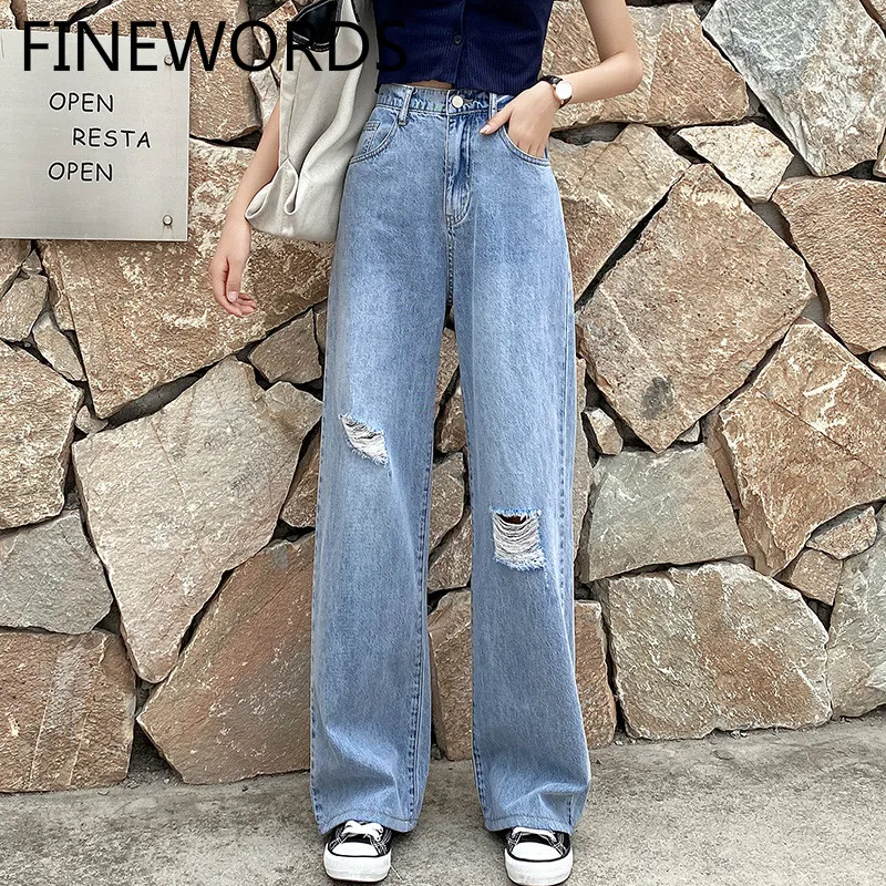 

FINEWORDS 2020 New High Waist Ripped Korean Jeans Ladies Vintage Wide Leg Straight Jeans Plus Size Loose Casual Distressed Jeans