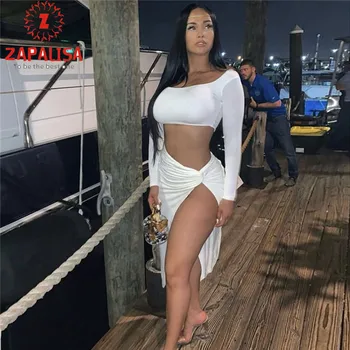 

ZAPALISA Solid Color Women 2 Piece Skirt Set Slash Neck Long Sleeve Crop Tops+Elastic Low Waist Side Big Slit Sexy Draped Skirt