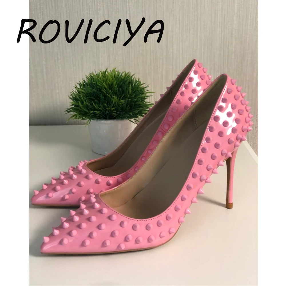 Женские туфли лодочки с заклепками розовые вечерние на высоком каблуке 12 см для