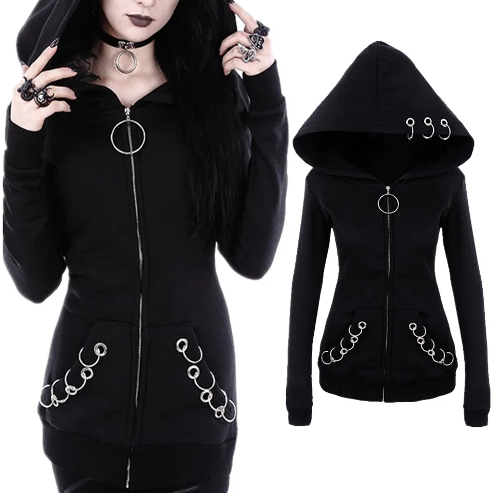

Dark Gothic Hooded Zip Up Punk Sweatshirt Poleron Mujer 2019 Ring Zipper Rivet Embellished Hoodie Plus Size Hoodies Women 5xl