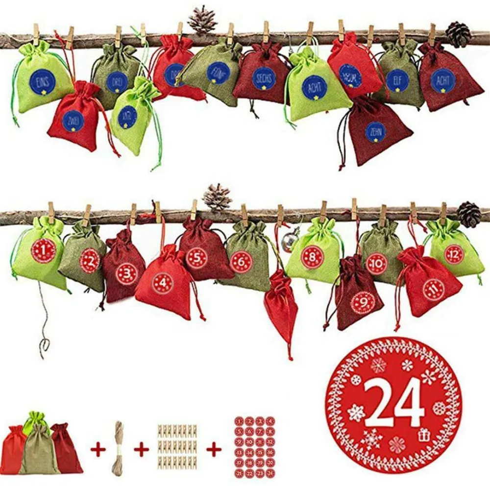 24 шт., тканевая сумка на Рождество с календарем, тканевая сумка на Рождество, Подарочная сумка на Рождество, Набор для творчества с календарем