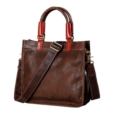 

women vintage luxury genuine leather brown tote handbag female first layer cowhide daily one shoulder bag