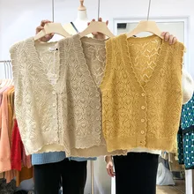 Стиль Женская одежда с v-образным вырезом свободный крой вязание крючком пористый вязаный кардиган без рукавов