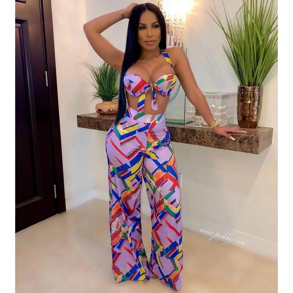 

Women's wear two-piece strap-on, breast-wipe suit, slacks, colored ribbons, printed sexy party dress