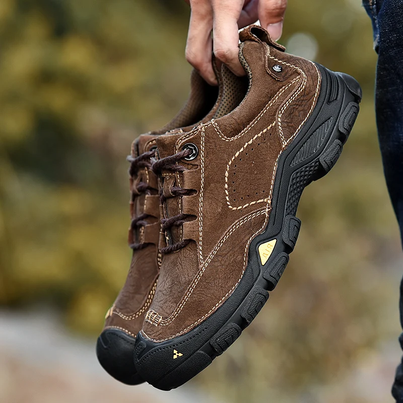 

autuspin Breathable Genuine Leather Outdoor Hiking Shoes Men Tactical Boots Man Waterproof Rubber Men's Trekking Hunting Shoes