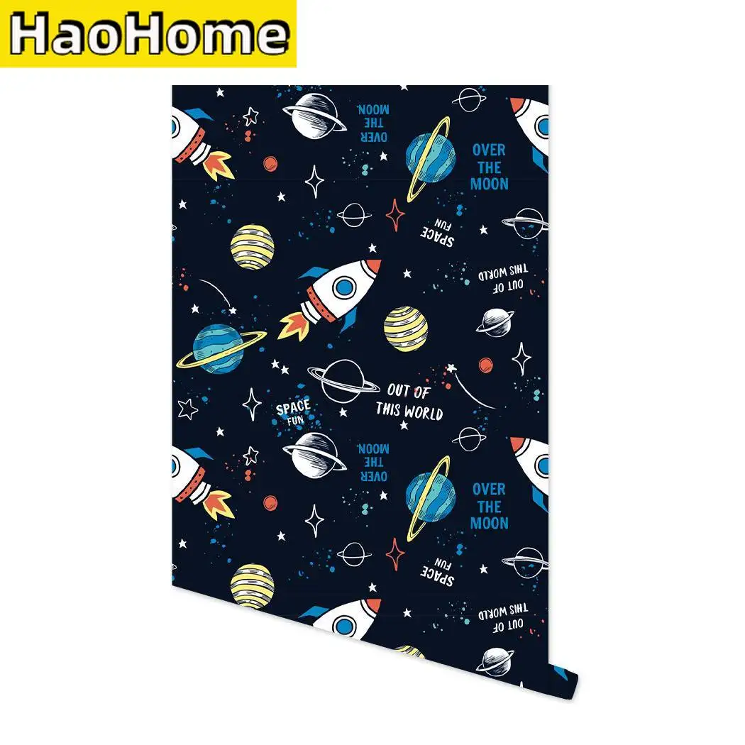 Space Self Adhesive Wallpaper Planet Wall Sticker Rocket Spacecraft Peel and Stick Wall Paper for Kid Nursery Bedroom Home Decor